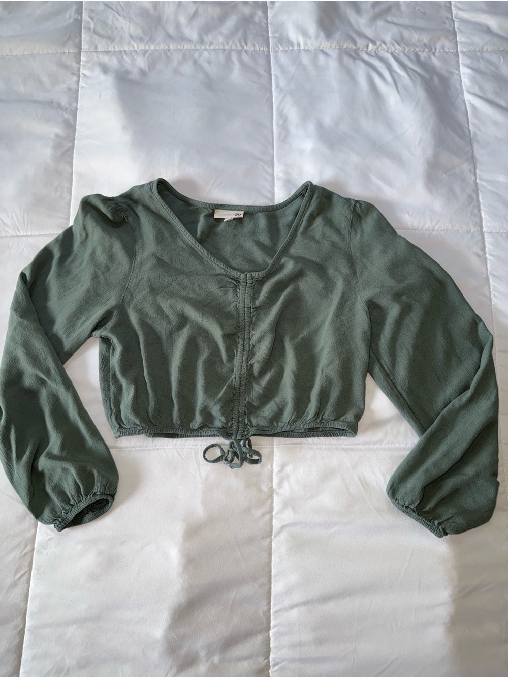 SO Olive Green Cropped Drawstring V-Neck Top